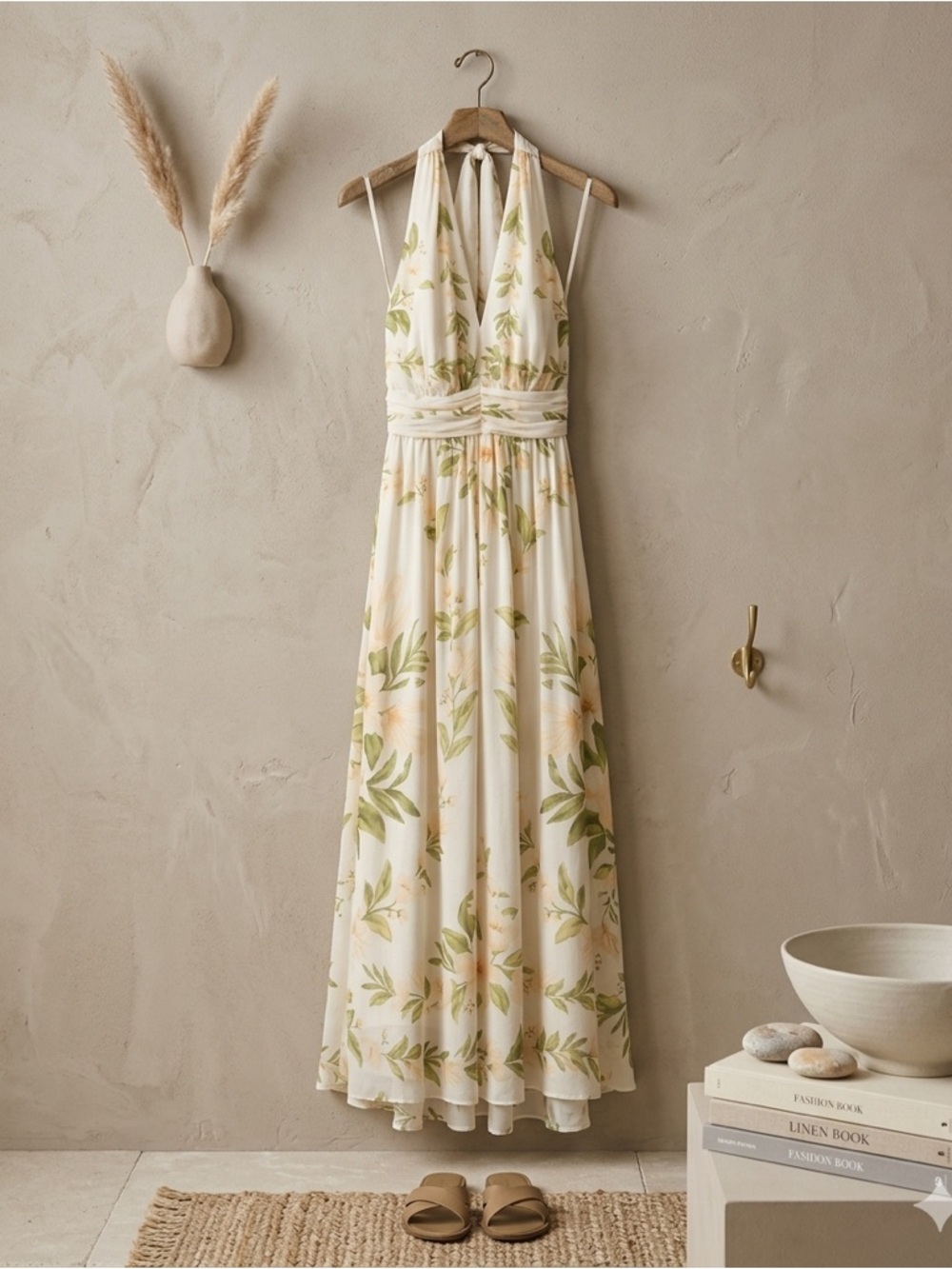 Farm Rio x Anthropologie Floral V-Neck Chiffon Maxi Dress Neutral Motif NWT